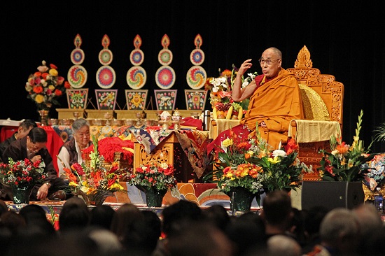 His Holiness the Dalai Lama speaking at the Convention Center in Minneapolis, Minnesota, USA on February 21, 2016. Photo/Tenzin Phuntsok