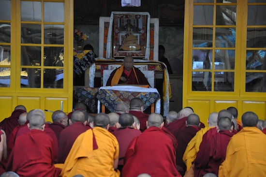 Jhado Rinpoche teaching devotees from the Jataka Tales on Chotrul Duechen, the day of Buddha's miracles.