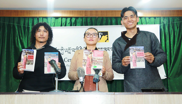 From left: Mr Tsering Gyal, TCHRD researcher, Ms TSering Tsomo, Director of TCHRD and Mr Tenzin Nyinje, Researcher at TCHRD, at the press conference.