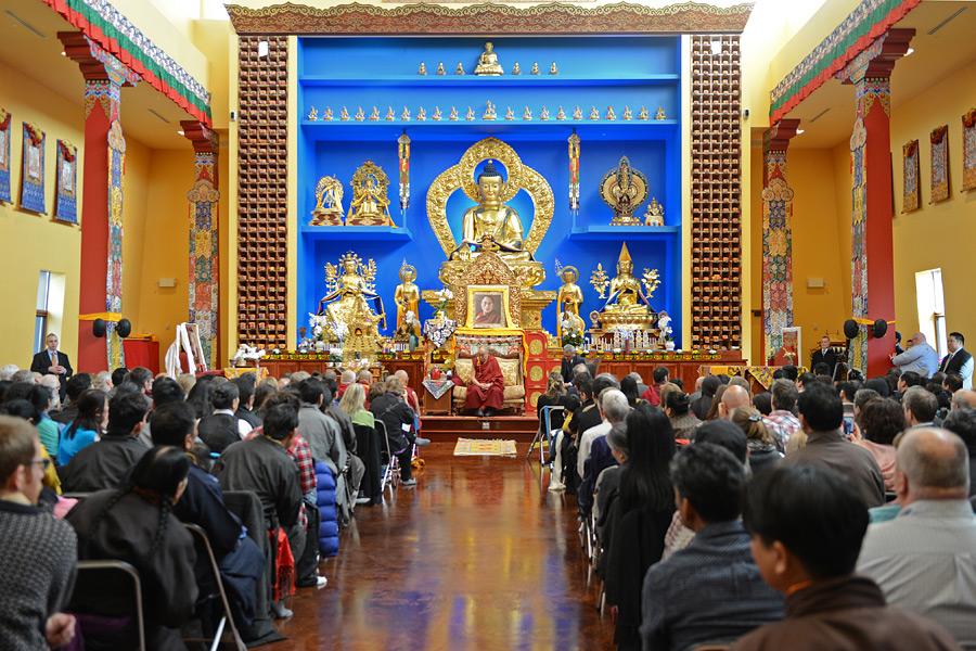 His Holiness the Dalai Lama speaking at the Temple at Deer Park Buddhist Center in Madison, WI, USA on March 6, 2016. Photo/Sherab Lhatsang