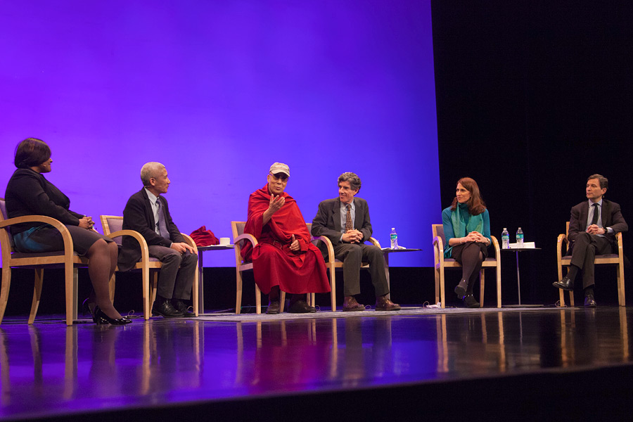 His Holiness the Dala Lama speaking during the afternoon session of the discussion 'The World We Make' in Madison, WI, USA on March 9, 2016. Photo/Darren Hauck