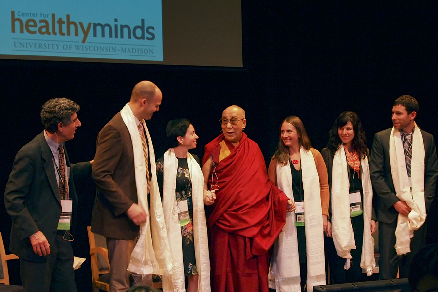 His Holiness the Dalai Lama with the presenters of the morning session of the discussion 'The World We Make' in Madison, WI, USA on March 9, 2016. Photo/Jeremy Russell/OHHDL