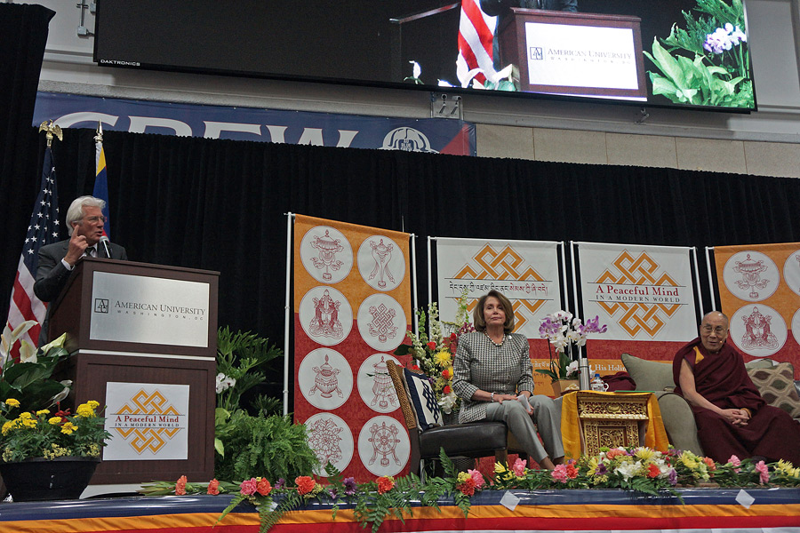 US Congressional Minority Leader Nancy Pelosi looks on as actor Richard Gere introduces His Holiness the Dalai Lama at the start of the public talk on 'A Peaceful Mind in a Modern World' in Washington DC, USA on June 13, 2016. Photo/Jeremy Russell/OHHDL