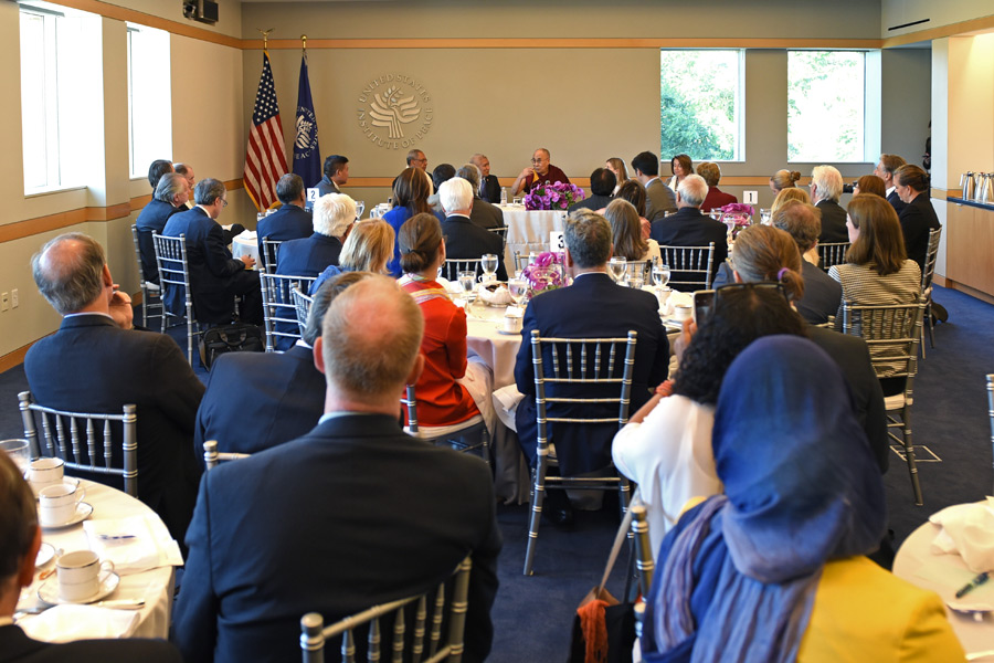 His Holiness the Dalai Lama joins members and guests of the United States Institute of Peace for breakfast in Washington DC, USA on June 13, 2016. Photo/USIP