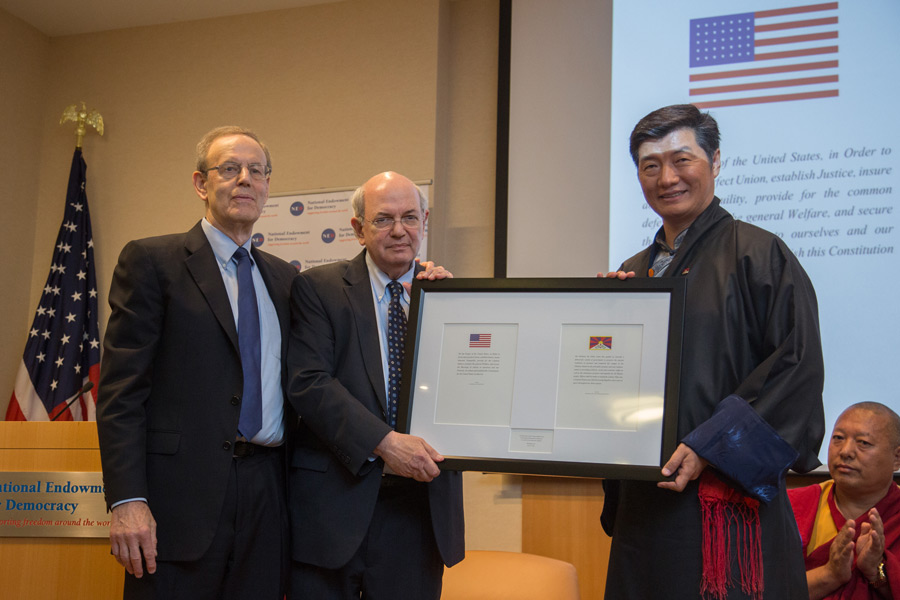 Sikyong Dr Lobsang Sangay accepting an award of recognition for the Central Tibetan Administration from the National Endowment for Democracy in Washington DC, USA on June 15, 2016. Photo/Scott Henrichsen