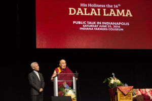 His Holiness the Dalai Lama speaking on 'Compassion as the Pillar to World Peace' at the Indiana Farmers Coliseum in Indianapolis, Indiana, USA on June 25, 2016. Photo/Denis Kelly