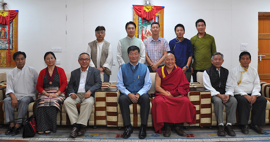Members of the cxouncil with Sikyong Dr Lobsang Sangay and new Chairman Geshe Lhakdor.