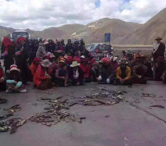 Local Tibetans protest at the lithium mining site