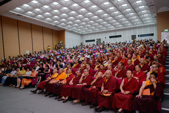 Buddhist monks and guests at the 81st birthday celebration of His Holiness the Dalai Lama.