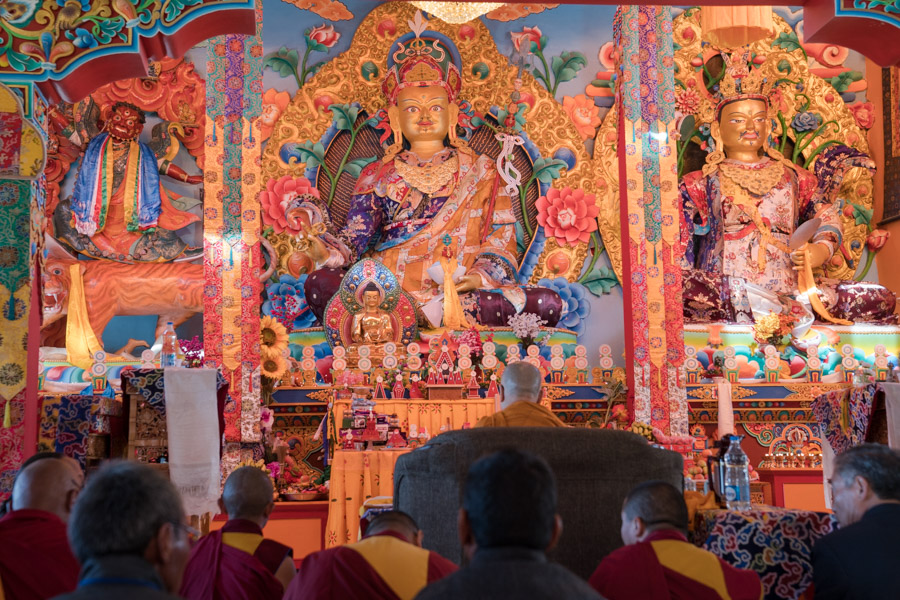 His Holiness the Dalai Lama leading ritual prayers during the inauguration of the new assembly hall at Ngagyur Dragthok Monastery in Ladakh, J&K, India on August 5, 2016. Photo/Tenzin Choejor/OHHDL