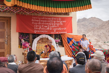 His Holiness the Dalai Lama speaking during the Conference on Thonmi Sambhota at Zandok Palri Monastery in Ladakh, J&K, India on August 7, 2016. Photo/Tenzin Choejor/OHHDL