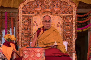 His Holiness the Dalai Lama speaking during the second day of his two teaching in Thiksey, Ladakh, J&K, India on August 11, 2016. Photo/Tenzin Choejor/OHHDL