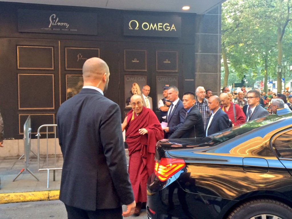 His Holiness the Dalai Lama arriving to a rousing welcome at Brussels, Belgium.