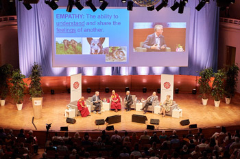 A view of the stage of the Bozar Centre's Henry le Boeuf Hall during Prof Franz de Waal's presentation at the Mind & Life Dialogue in Brussels, Belgium on September 9, 2016. Photo/Olivier Adam