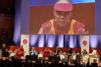 His Holiness the Dalai Lama delivering his opening remarks at the start of the morning session of the second day of the Mind & Life Dialogue in Brussels, Belgium on September 10, 2016. Photo/Olivier Adam