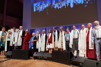 His Holiness the Dalai Lama with all of the presenters at the conclusion of the Mind & Life Dialogue in Brussels, Belgium on September 11, 2016. Photo/Olivier Adam