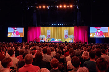 A view of the stage at the Brussels Expo during His Holiness the Dalai Lama's talk in Brussels, Belgium on September 11, 2016. Photo/Olivier Adam