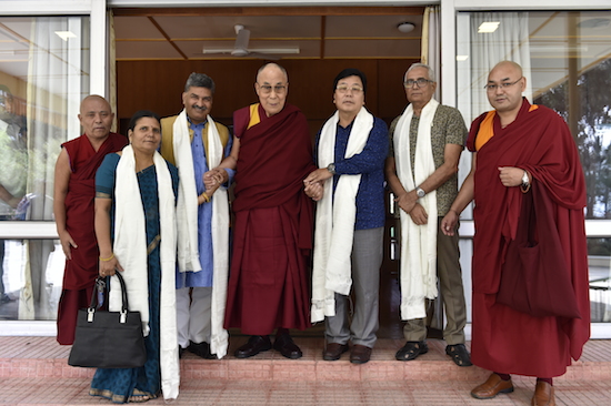 His Holiness the Dalai Lama with Mr Mukut Mithi, MP and former Chief minister of Arunachal Pradesh, and Dr Arun Kumar, MP, along with their entourage.