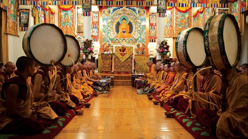 Tibetan monks pray at the Dharmsala. — Photo courtesy dalailama.com