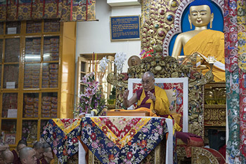 His Holiness the Dalai Lama speaking on the second day of his teachings at the Main Tibetan Temple in Dharamsala, HP, India on October 4, 2016. Photo/Tenzin Choejor/OHHDL