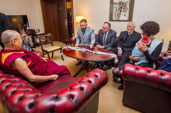 His Holiness the Dalai Lama meeting with an official Slovakian Parliamentary delegation at his hotel in Bratislava, Slovakia on October 16, 2016. Photo/Somogyi