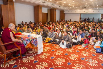 His Holiness the Dalai Lama speaking to members of the Tibetan community, mostly from Austria, in Bratislava, Slovakia on October 16, 2016. Photo/Somogyi