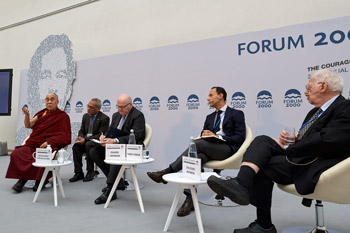 His Holiness the Dalai Lama speaking at a Forum 2000 panel on The Paradox of Religion in Prague, Czech Republic on October 18, 2016. Photo/Olivier Adam
