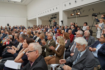 Members of the audience applauding at the conclusion at the Forum 2000 closing panel on the World and Its Current Challenges in Prague, Czech Republic on October 18, 2016. Photo/Olivier Adam