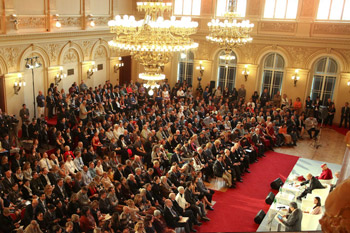 A view of the Zorfin Palace Hall, venue for the Forum 2000 closing panel with His Holiness the Dalai Lama in Prague, Czech Republic on October 18, 2016. Photo/Ondrej Besperat