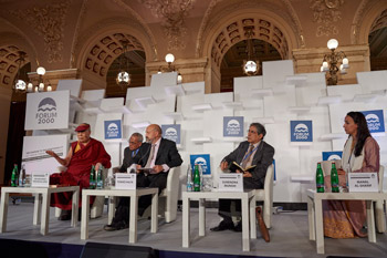 His Holiness the Dalai Lama speaking at the Forum 2000 closing panel in Prague, Czech Republic on October 18, 2016. Photo/Olivier Adam