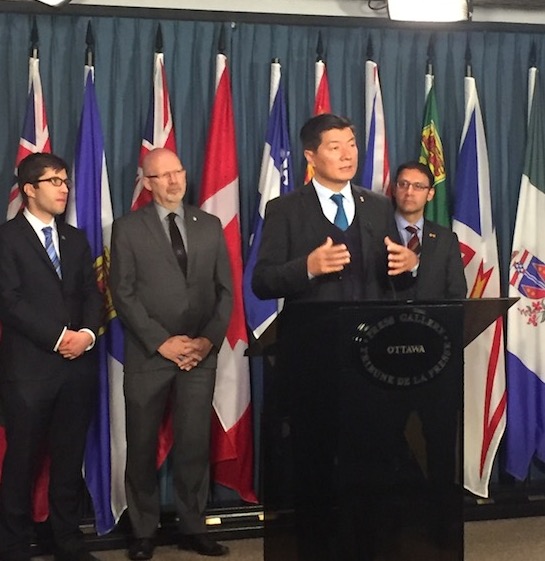 SIkyong Dr Lobsang Sangay addressing a press conference with Mr Arif Virani, chair CPFT, Mr Radal Garrison, Vice Chair of CPFT, Mr Garnett Genuis, Vice Chair of CPFT, at the Parliamentary press gallery.