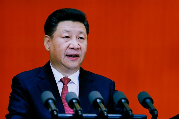 A picture of Chinese President Xi Jinping on display at a military museum, Beijing, Oct. 24, 2016 (AP photo by Andy Wong).