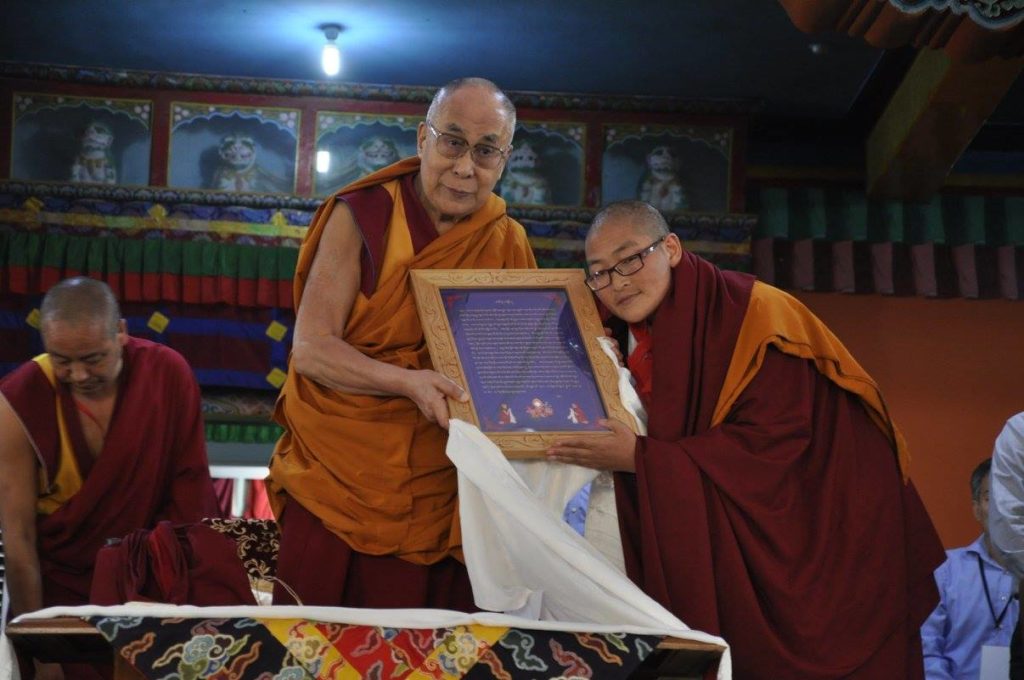 One of the twenty Tibetan Buddhist nuns receiving the Geshema degree from His Holiness the Dalai Lama, 22 December 2016.