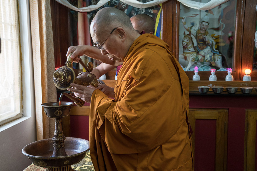 His Holiness the Dalai Lama making an offering at the altar of Rato Monastery in Mundgod, Karnataka, India on December 17, 2016. Photo/Tenin Choejor/OHHDL