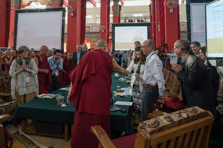 His Holiness the Dalai Lama greeting fellow participants as he arrives in Drepung Loseling at the start of the Emory Tibet Symposium in Mundgod, Karnataka, India on December 18, 2016. Photo/Tenzin Choejor/OHHDL