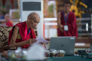 Ganden Tripa Jetsun Lobsang Tenzin addressing the opening session of the Emory Tibet Symposium in Mundgod, Karnataka, India on December 18, 2016. Photo/Tenzin Choejor/OHHDL