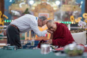 His Holiness the Dalai Lama thanking French philosopher Michel Bitbol after his presentation at the Emory Tibet Symposium at Drepung Loseling in Mundgod, Karnataka, India on December 18, 2016. Photo/Tenzin Choejor/OHHDL