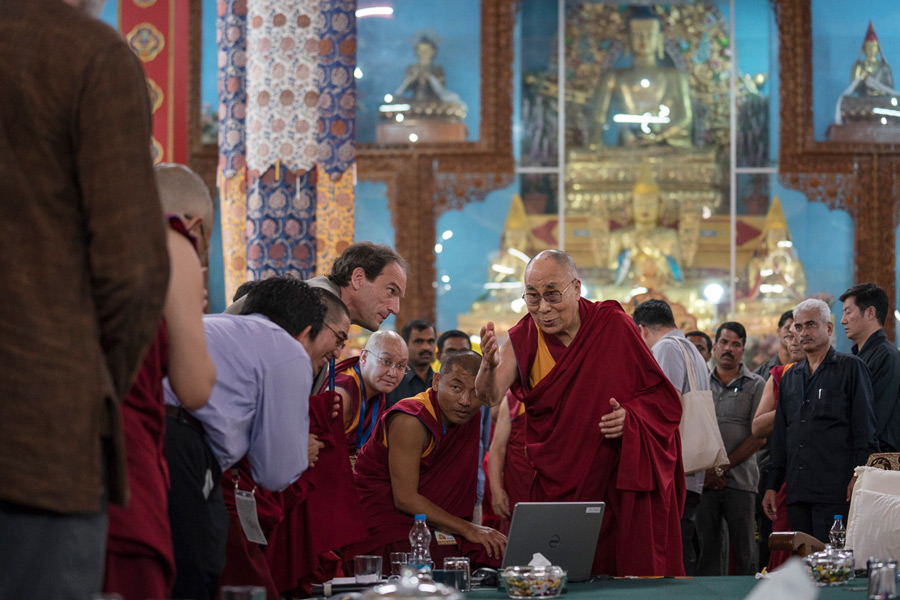 His Holiness the Dalai Lama thanking fellow panelists at the conclusion of the second day of the Emory Tibet Symposium at Drepung Loseling in Mundgod, Karnataka, India on December 19, 2016. Photo/Tenzin Choejor/OHHDL