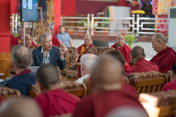 Dr Chris Impey delivering his presentation on the second day of the Emory Tibet Symposium at Drepung Loseling in Mundgod, Karnataka, India on December 19, 2016. Photo/Tenzin Choejor/OHHDL