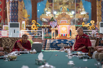 Geshe Ngawang Norbu disussing Buddhist perspectives on the origin of life on earth on the second day of the Emory Tibet Symposium at Drepung Loseling in Mundgod, Karnataka, India on December 19, 2016. Photo/Tenzin Choejor/OHHDL