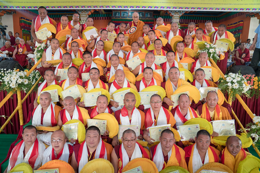 His Holiness the Dalai Lama with one of several groups of monks who received the highest degrees of Geshe during the 600th Anniversary of Drepung Monastery at Drepung Lachi in Mundgod, Karnataka, India on December 21, 2016. Photo/Tenzin Choejor/OHHDL