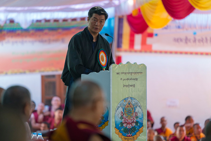 Sikyong Dr Lobsang Sangay speaking at ceremonies celebrating the 600th Anniversary of Drepung Monastery at Drepung Lachi in Mundgod, Karnataka, India on December 21, 2016. Photo/Tenzin Choejor/OHHDL
