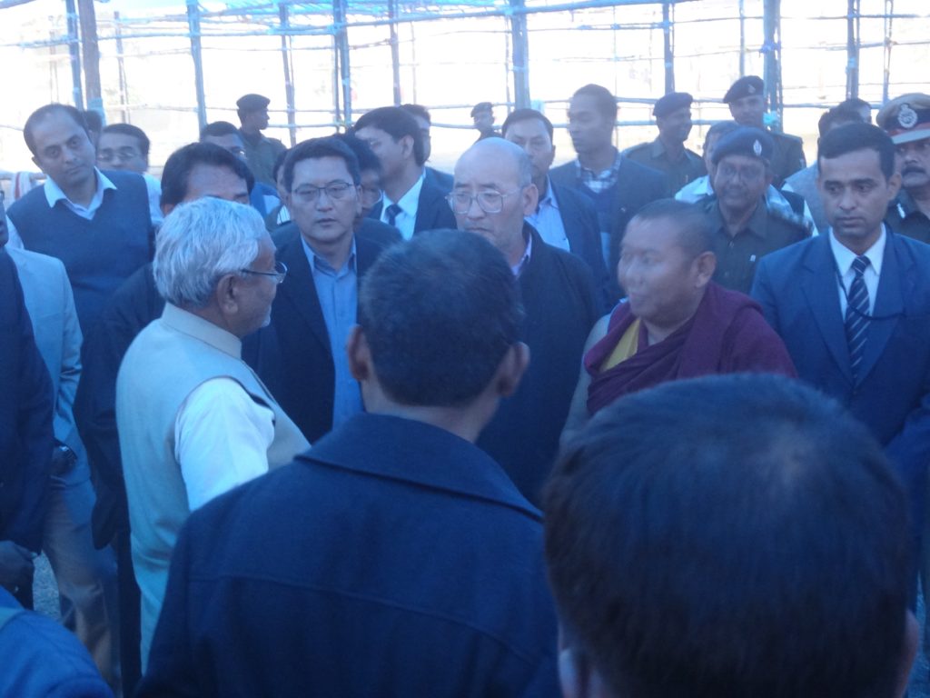 Chief Minister Nitish Kumar with Kalon Phagpa Tsering , secretary Lungtok and others at the Kalachakra venue.