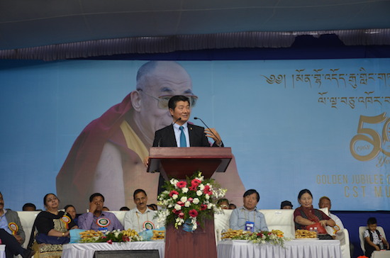 Sikyong Dr Lobsang Sangay speaking at a cultural program hosted by as part of the golden jubilee celebration of CST Mundgod, 22 December 2016.