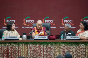His Holiness the Dalai Lama answering questions from the audience during his talk to the Ladies Wing of the Federation of Indian Chamber and Commerce and Industries in New Delhi, India on January 21, 2017. Photo/Tenzin Choejor/OHHDL
