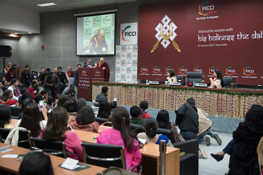 His Holiness the Dalai Lama speaking to the Ladies Wing of the Federation of Indian Chamber and Commerce and Industries in New Delhi, India on January 21, 2017. Photo/Tenzin Choejor/OHHDL