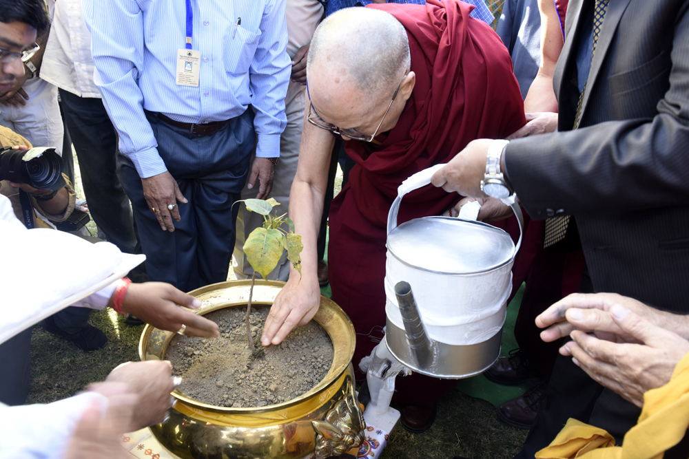 His Holiness the Dalai Lama planting a sapling of the Bodhi Tree at Nav Nalanda Mahavihara at Nalanda, Bihar on 18 March 2017.