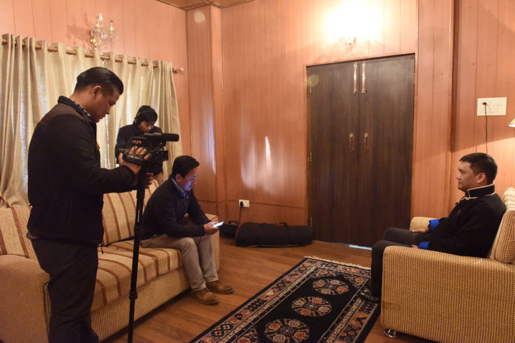 DIIR's Tibetan Media editor and Tibet TV film crew interviewing Chief Minister Pema Khandu, Tawang, April 11, 2017. Photo @ Jayang Tsering, DIIR