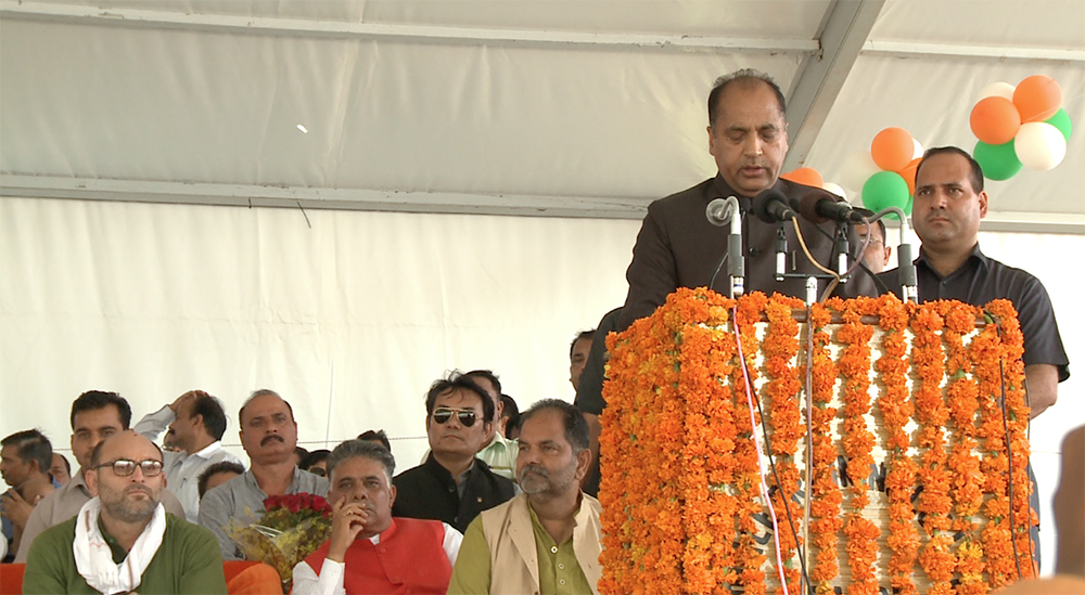 CM Jai Ram Thakur addressing the gathering at Indora, Kangra, H.P. Photo / Tenzin Rigden / DIIR