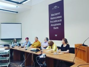 The Russian delegates presenting their reports to the round table audience.  